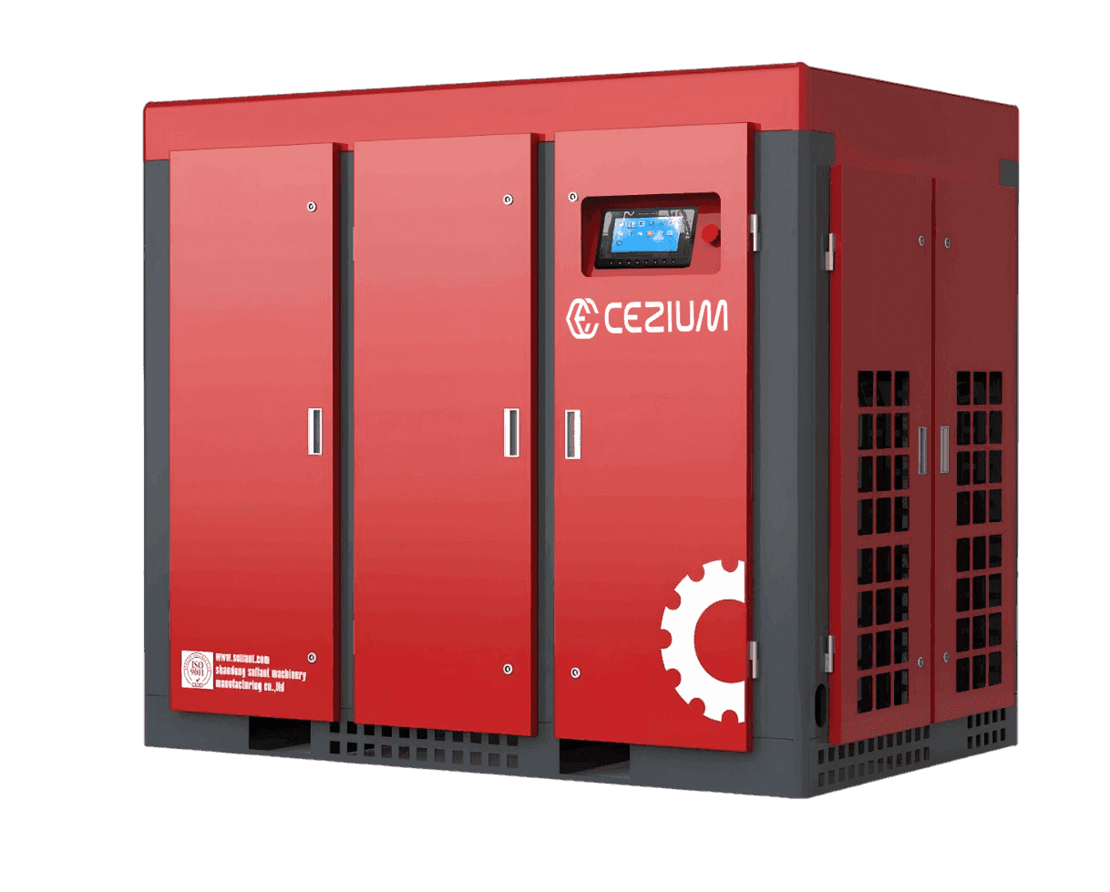 Red industrial compressor with digital display and ventilation panels.