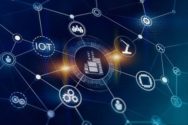 Digital network concept with IoT icons connected around a central factory symbol on a blue background.