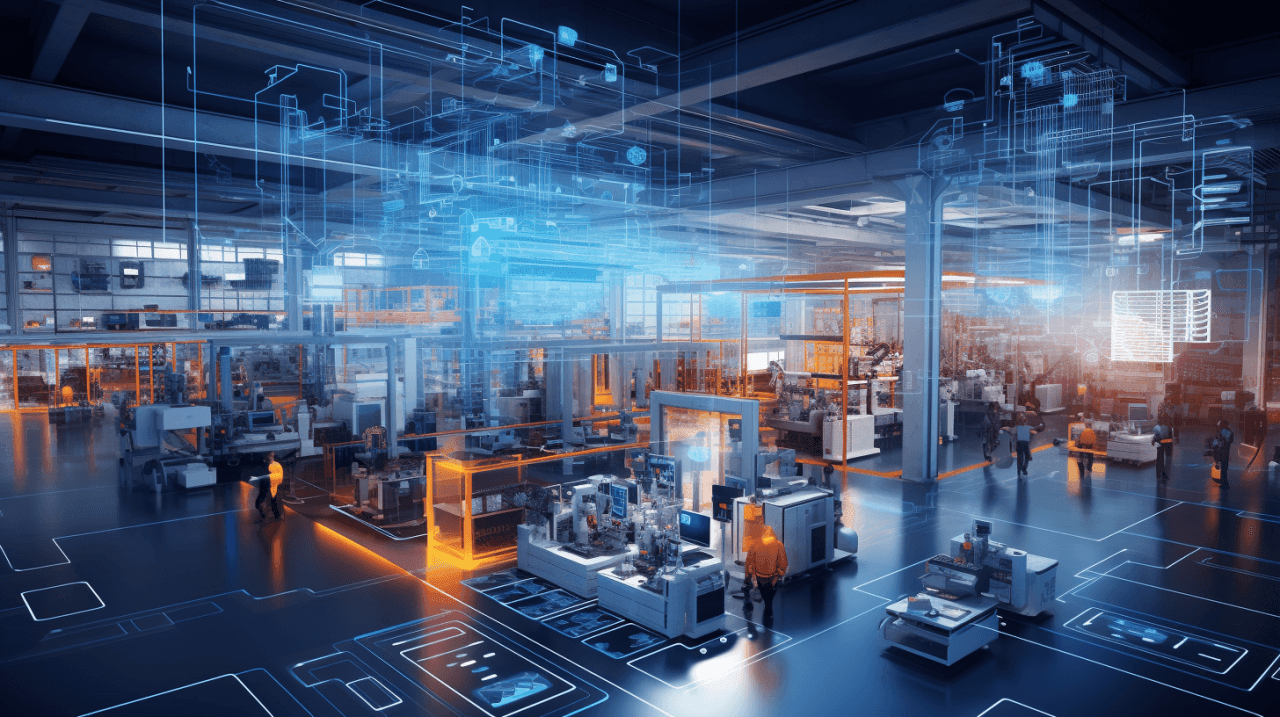 Advanced manufacturing facility with workers, robotic machinery, and digital overlays of technical blueprints and data.