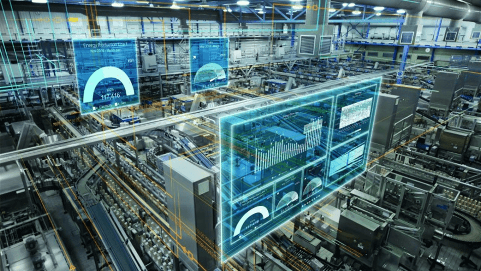 Industrial factory floor with digital data overlay showing production metrics and analytics.