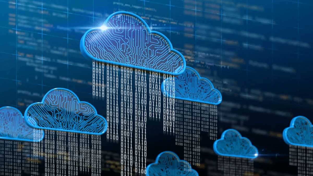 Illustration of digital cloud icons raining binary code on a dark background with abstract circuit patterns.