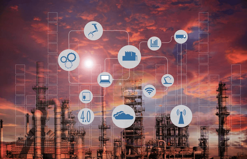 Industrial facility with interconnected technology icons overlaid, representing Industry 4.0 and digital transformation.