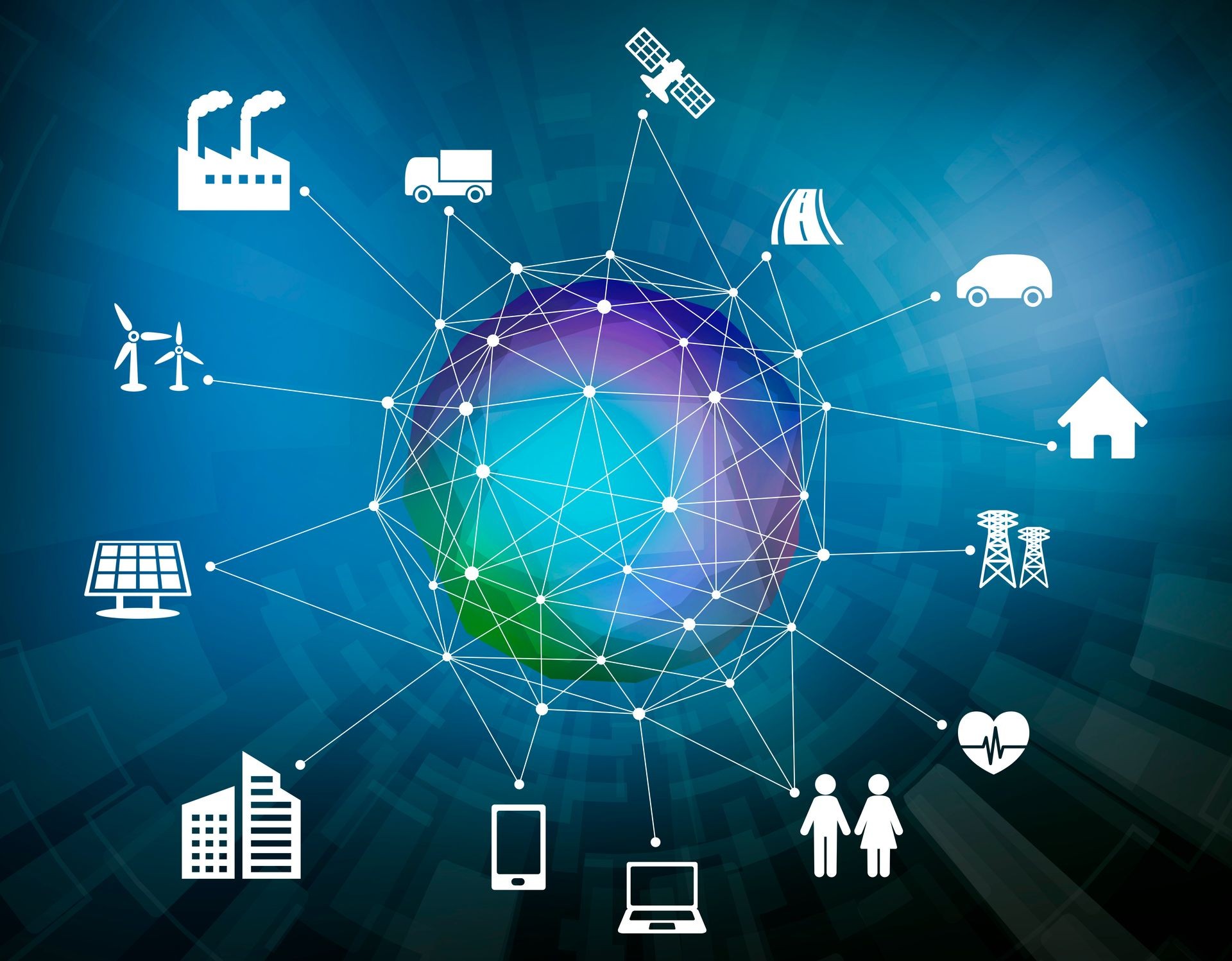 Network illustration with connected icons for industry, transport, energy, and communication on a digital globe.