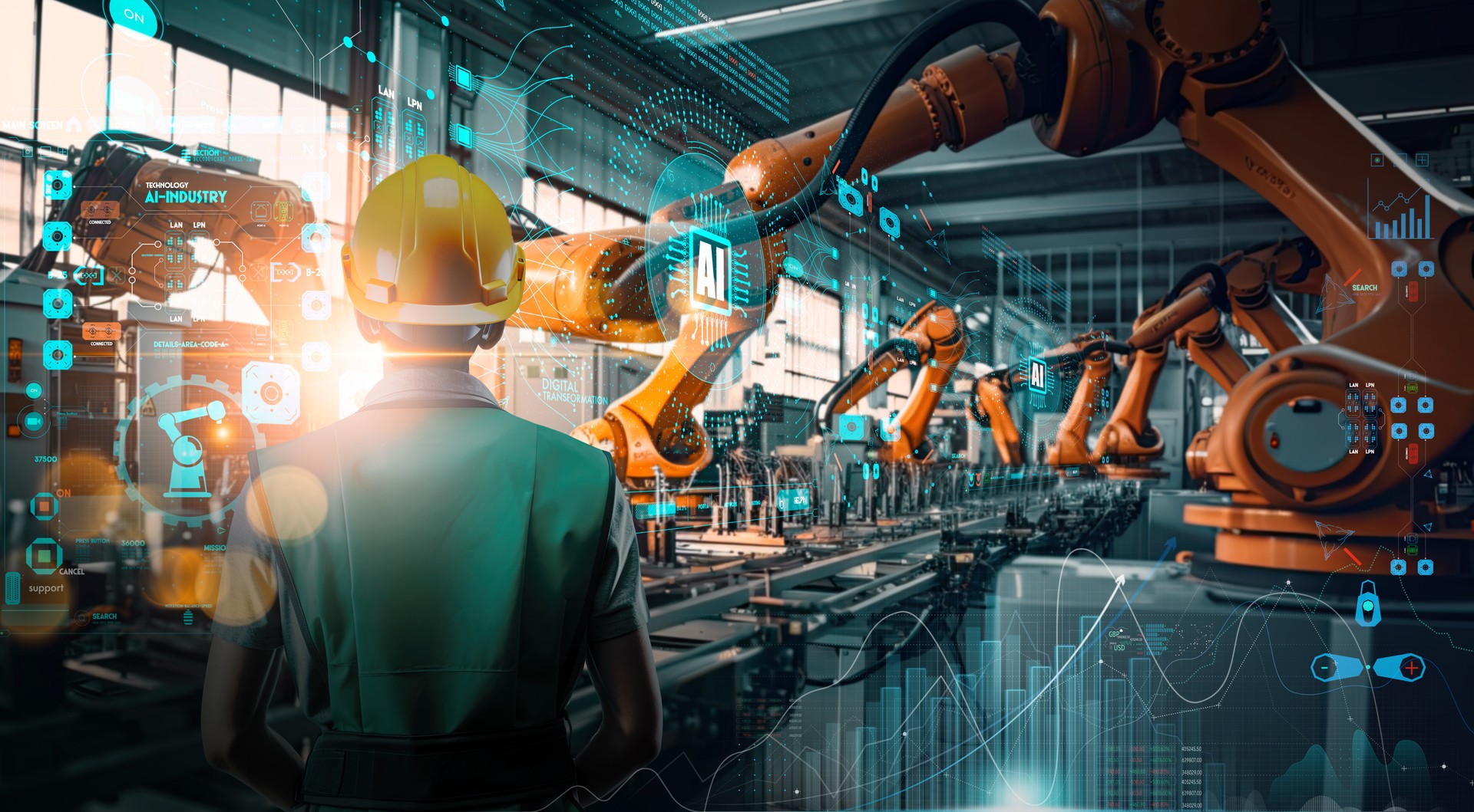 Ingénieur industriel féminin d’usine travaillant avec la machine d’automatisation des bras de robot Ai dans l’usine industrielle intelligente sur le logiciel de système de surveillance en temps réel. Fabrication numérique du futur.