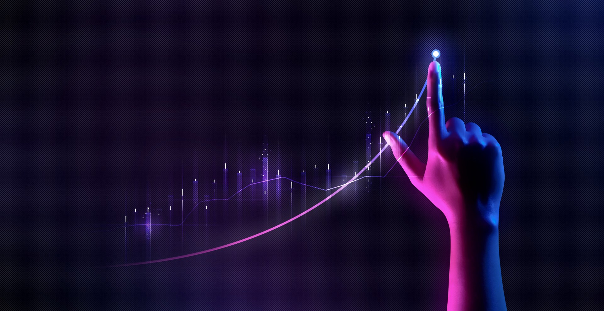 Main d’homme d’affaires pointant du doigt la croissance succès finance business chart of metaverse technology financial graph investment diagram on analysis stock market background with digital economy exchange.